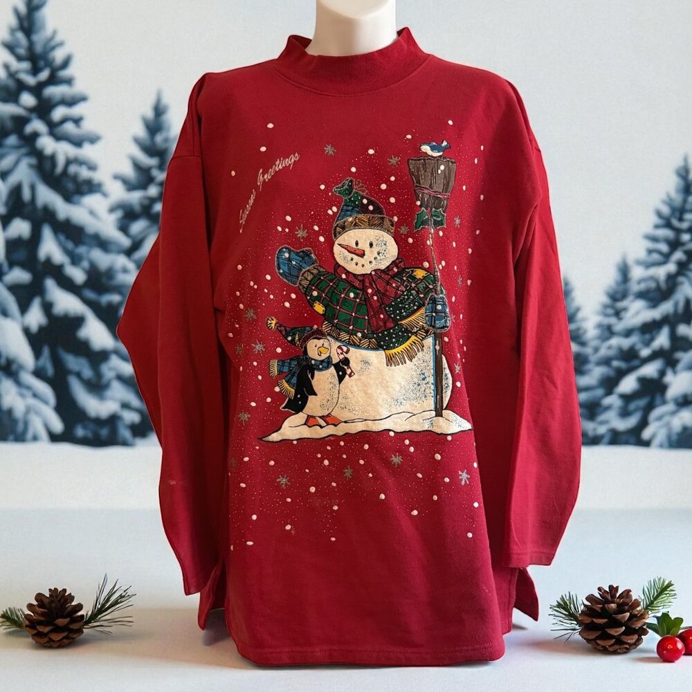 Vintage Holiday Time Sweatshirt | Snowman & Penguin | Red | M